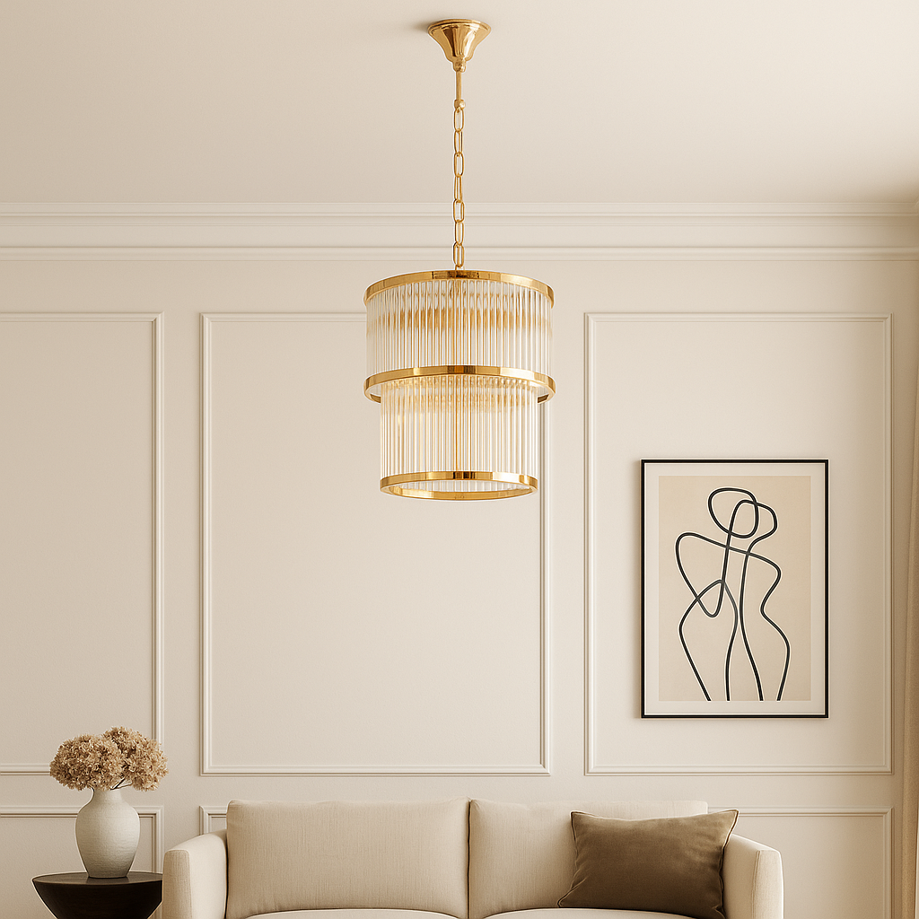 Lucia two tier gold chandelier in luxury living room