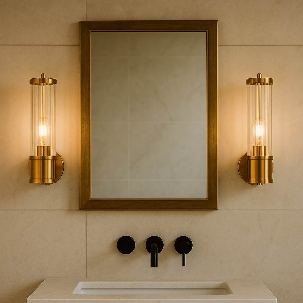 Gold ribbed glass bathroom wall lights either side of mirror