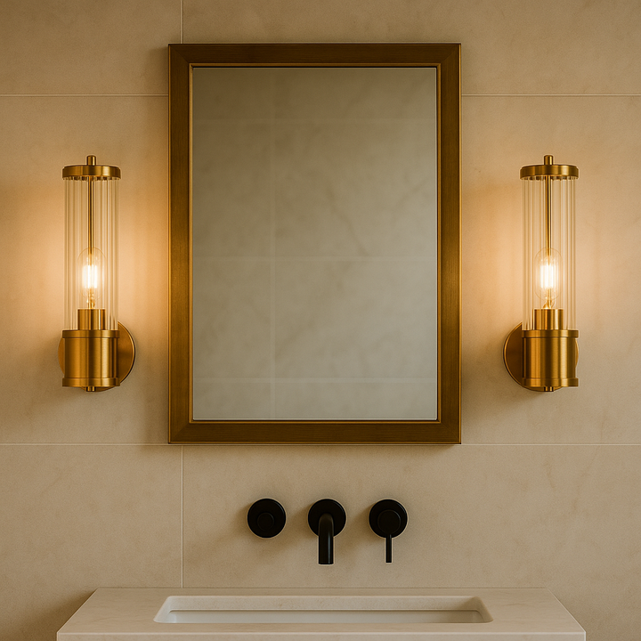 Gold ribbed glass bathroom wall lights either side of mirror