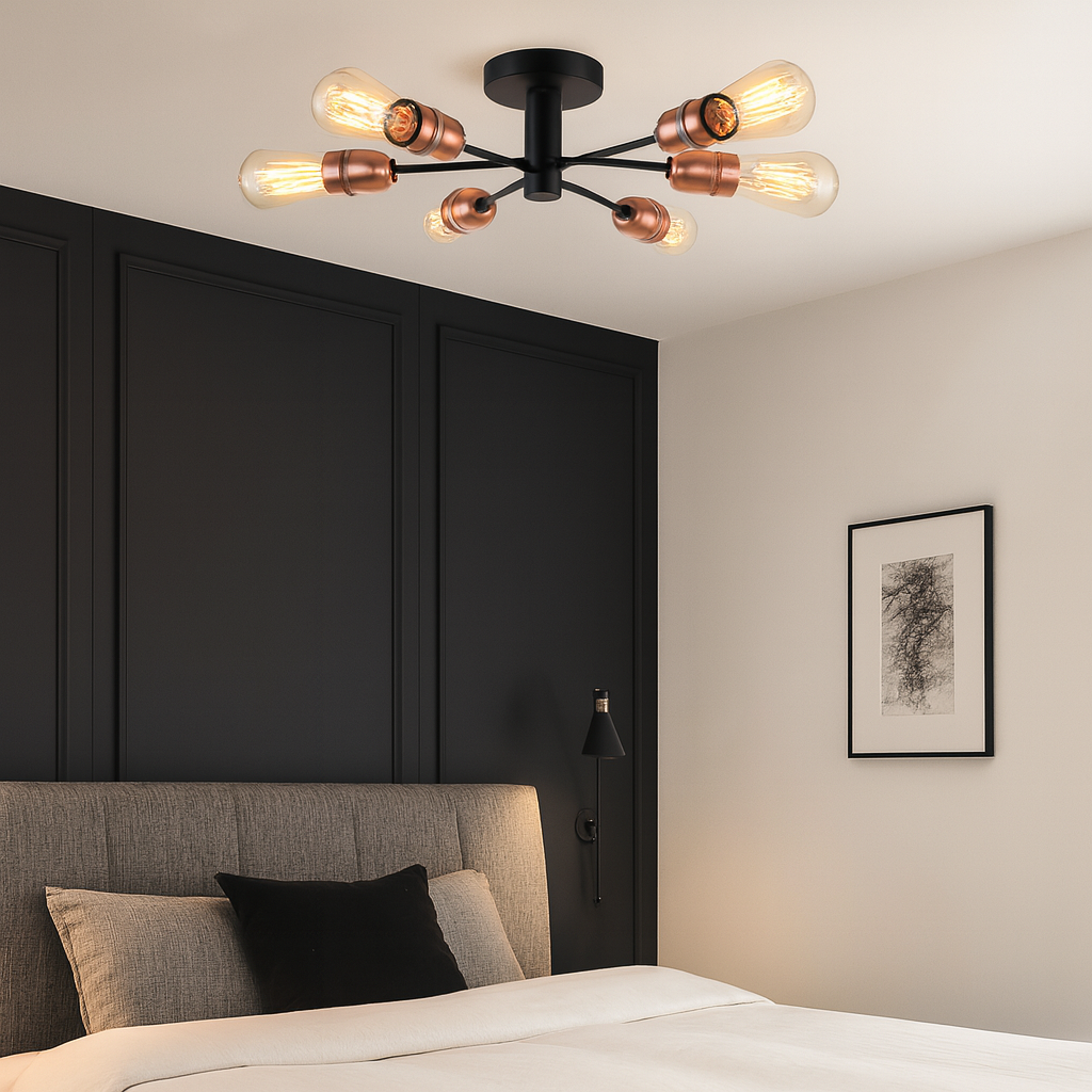 Luxury bedroom with modern 6 light ceiling fixture in black and copper above bed with black highlights