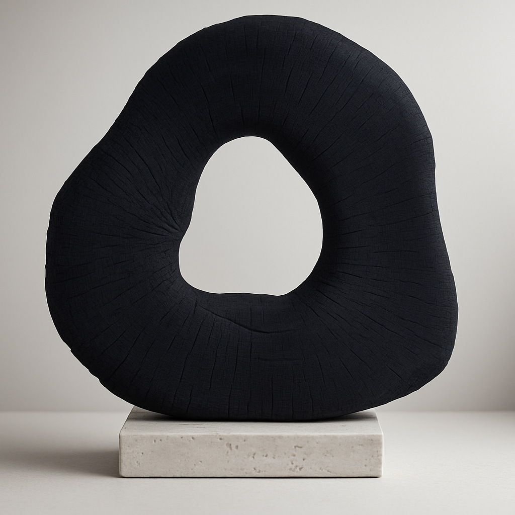Luxury product photo of a black organic ring sculpture with textured surface, mounted on a travertine base, shown with soft shading on a neutral background.