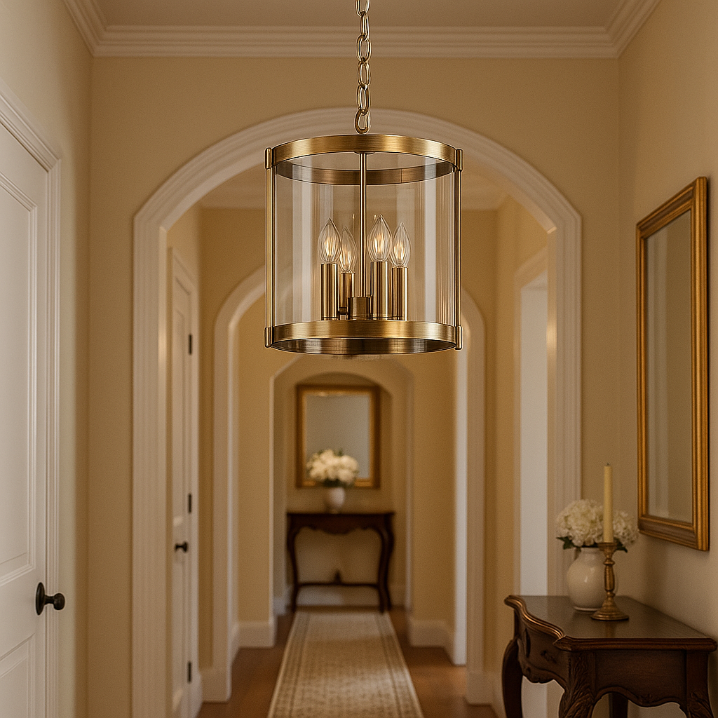 Luxury brass and glass ceiling lantern light styled in a classic hallway