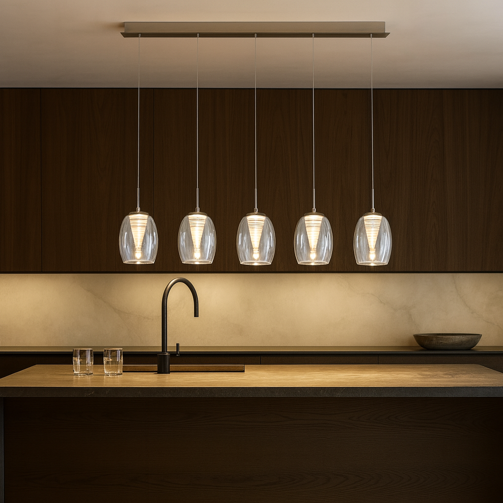 Luxury 90cm clear glass pendant bar light with five shades above a dark wood modern kitchen island