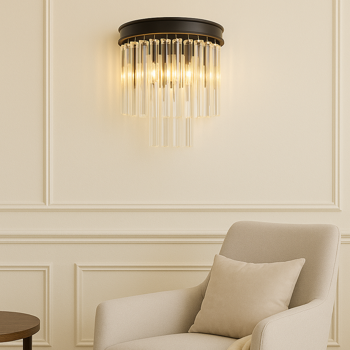 Luxury crystal wall light 35cm in cream modern living room with elegant panelling and contemporary chair – high end designer lighting UK