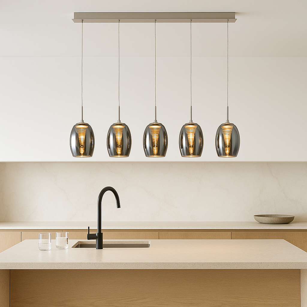 Modern 90cm pendant bar light with five smoked glass shades above a light stone kitchen island with neutral background