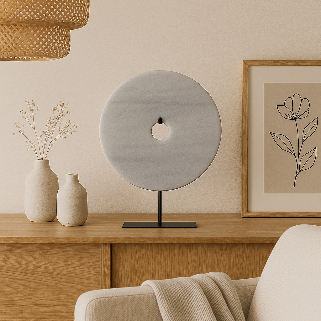 light grey marble disc sculpture in Scandi living room