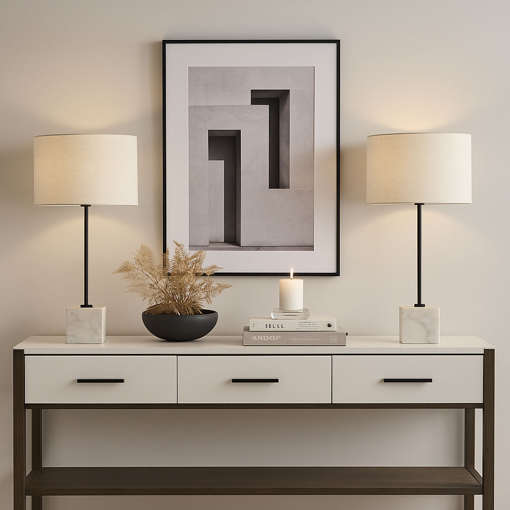 Luxury console styling with two marble base table lamps and beige linen shades, monochrome wall art, decorative bowl, and a lit candle on stacked books.