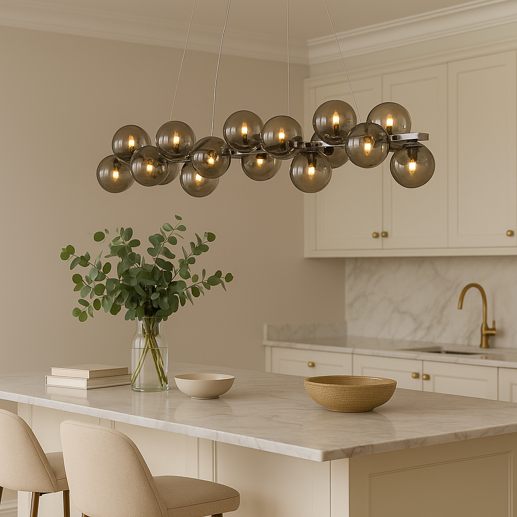 Melbourne 19 light pendant bar with smoked glass globes above marble kitchen island.