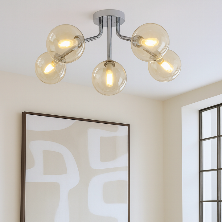Melbourne 5 light flush ceiling light with light amber tinted glass globes and chrome finish, modern designer lighting for bedrooms, hallways and living rooms
