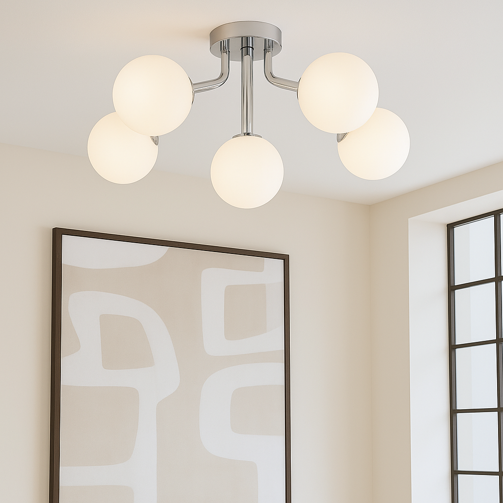 Modern Melbourne 5 light flush ceiling light with opal white glass globes and chrome finish, contemporary lighting for living rooms, bedrooms and hallways