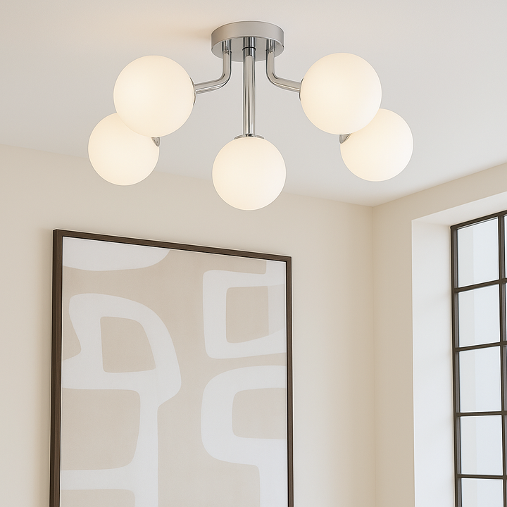 Modern Melbourne 5 light flush ceiling light with opal white glass globes and chrome finish, contemporary lighting for living rooms, bedrooms and hallways