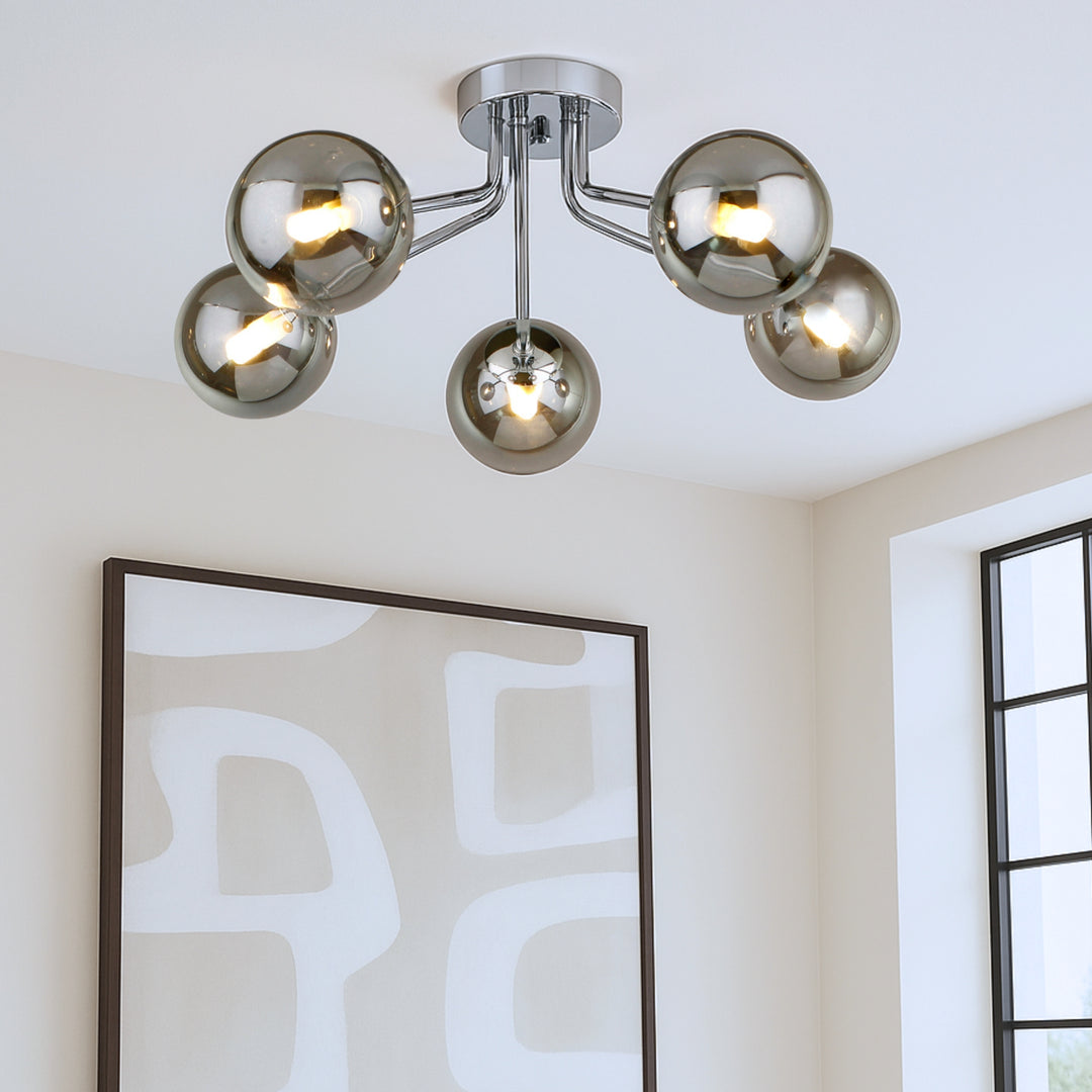 Modern Melbourne 5 light flush ceiling light with smoked glass globes and chrome finish, contemporary designer lighting for living rooms and hallways