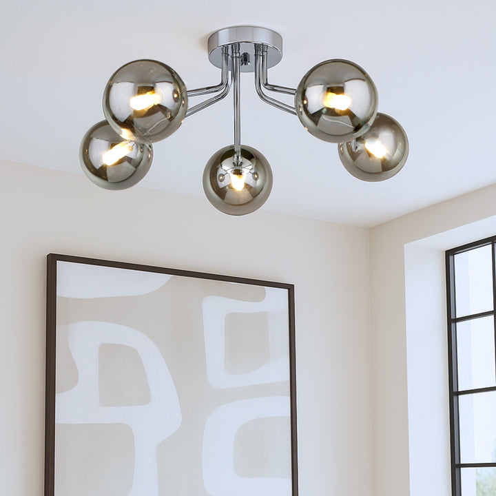 Modern Melbourne 5 light flush ceiling light with smoked glass globes and chrome finish, contemporary designer lighting for living rooms and hallways