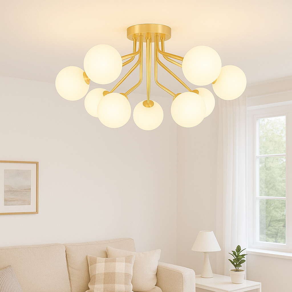 Melbourne 9 light gold ceiling light with opal white glass shades