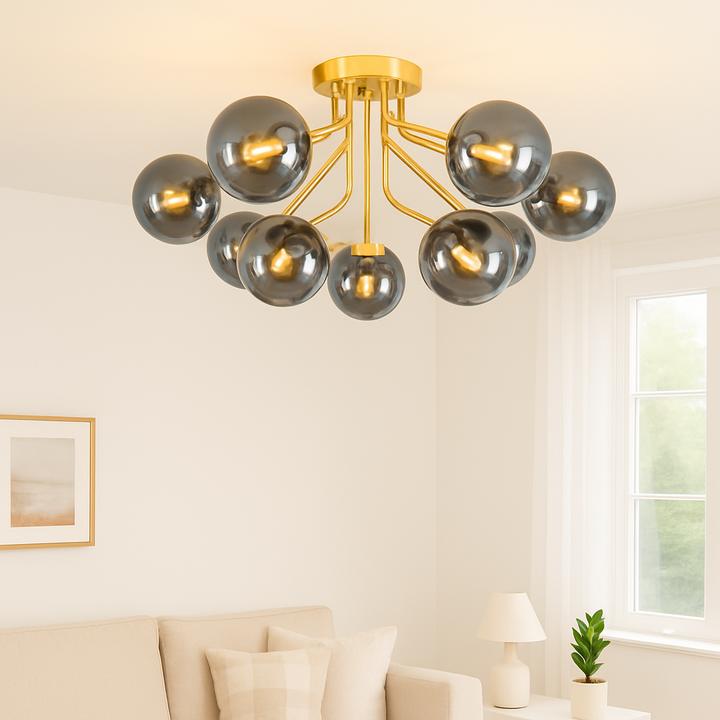 Melbourne 9lt gold ceiling light smoked mirror glass