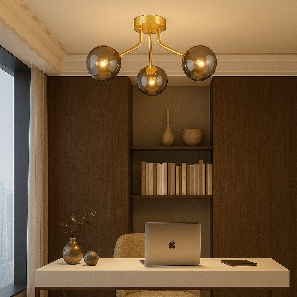 Melbourne gold 3 light semi flush with smoked glass globes in modern home office.