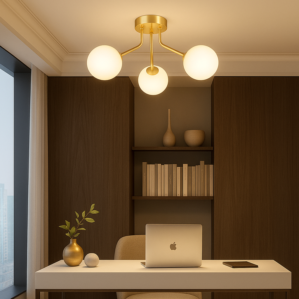 Melbourne gold 3 light semi flush with white glass shades and warm 3000k glow