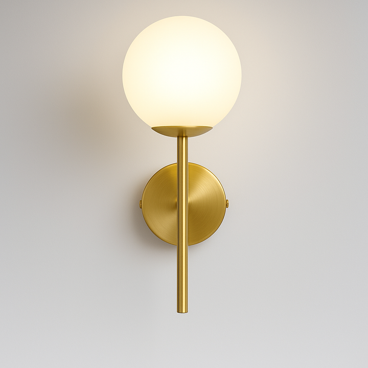 Melbourne gold wall light with white glass shade illuminated 4000K