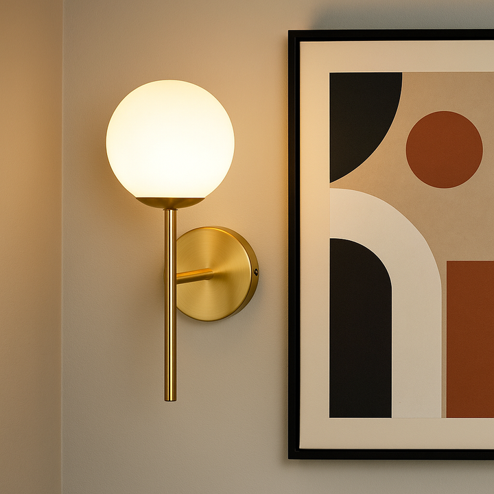 Melbourne gold wall light with white glass beside modern artwork
