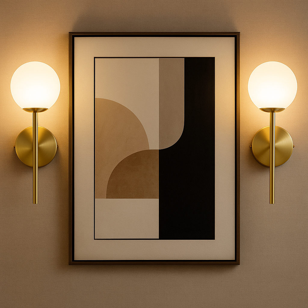 Pair of Melbourne gold wall lights with white glass framing modern artwork