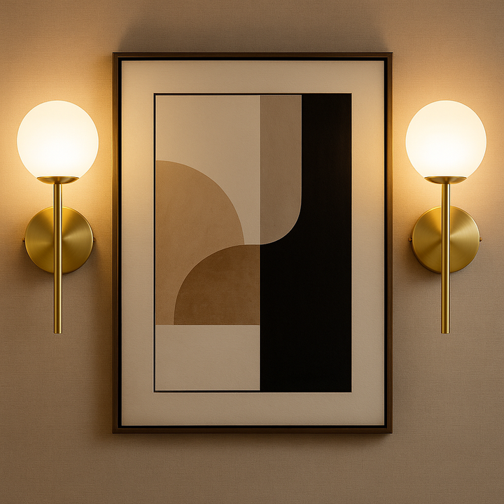 Pair of Melbourne gold wall lights with white glass framing modern artwork