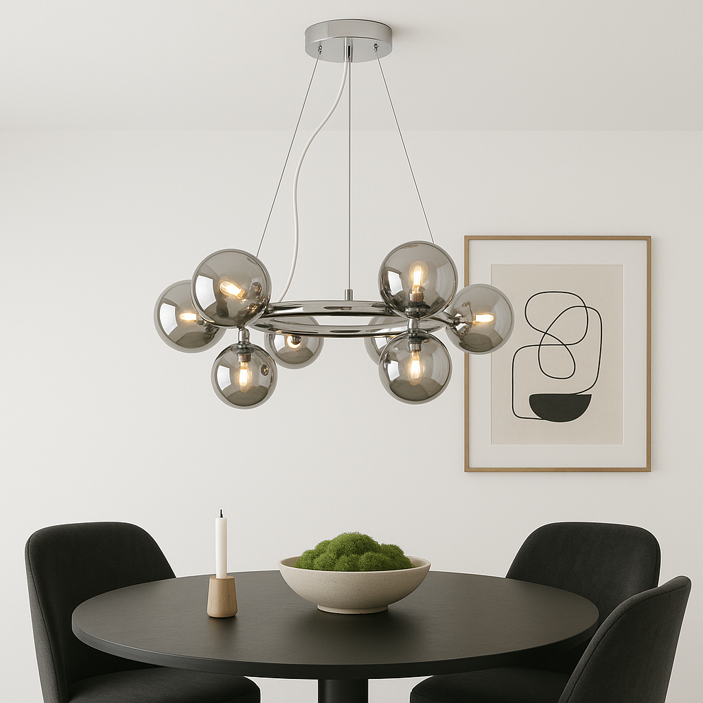 Melbourne pendant light with smoked glass globes above black round dining table