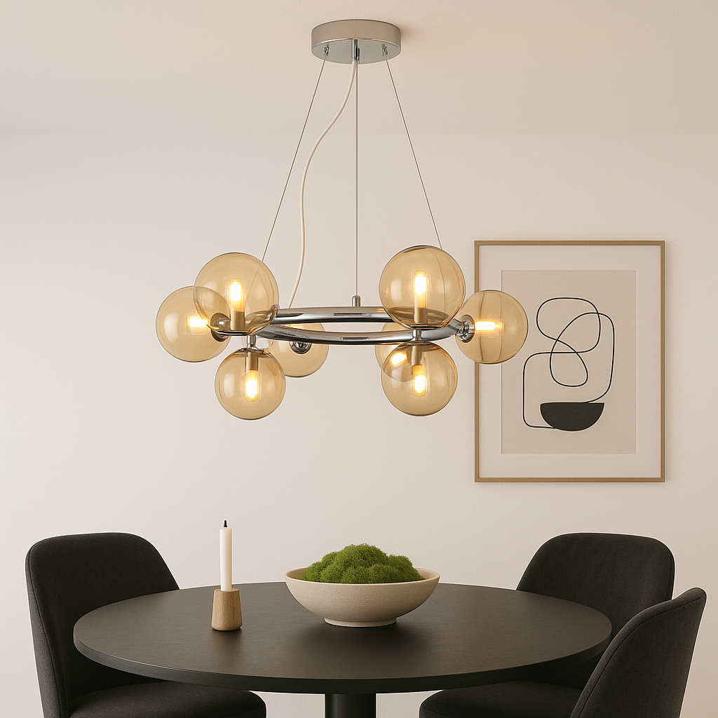 Amber glass Melbourne chandelier above dining table