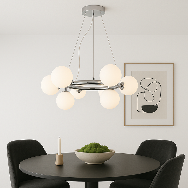 Melbourne pendant light with opal glass above black dining table.