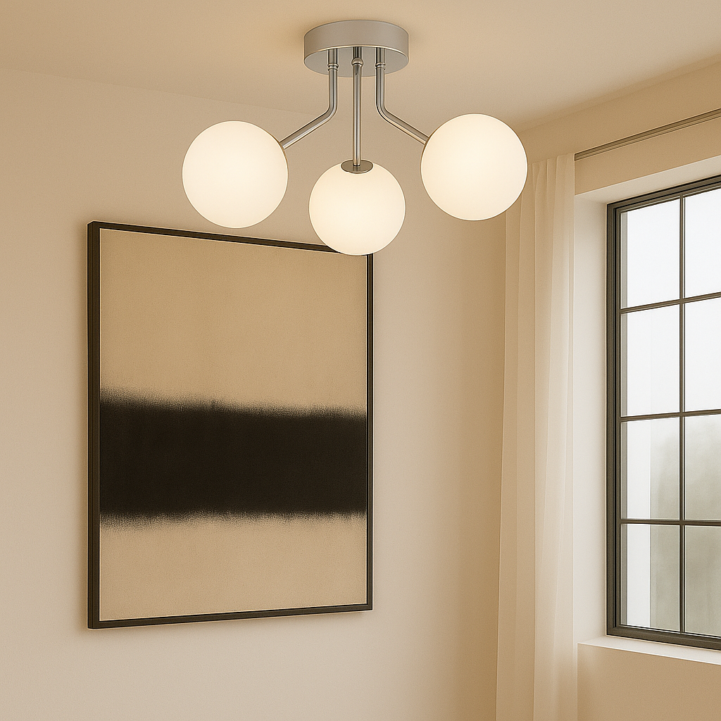 Melbourne silver 3 light flush ceiling light with white glass globes