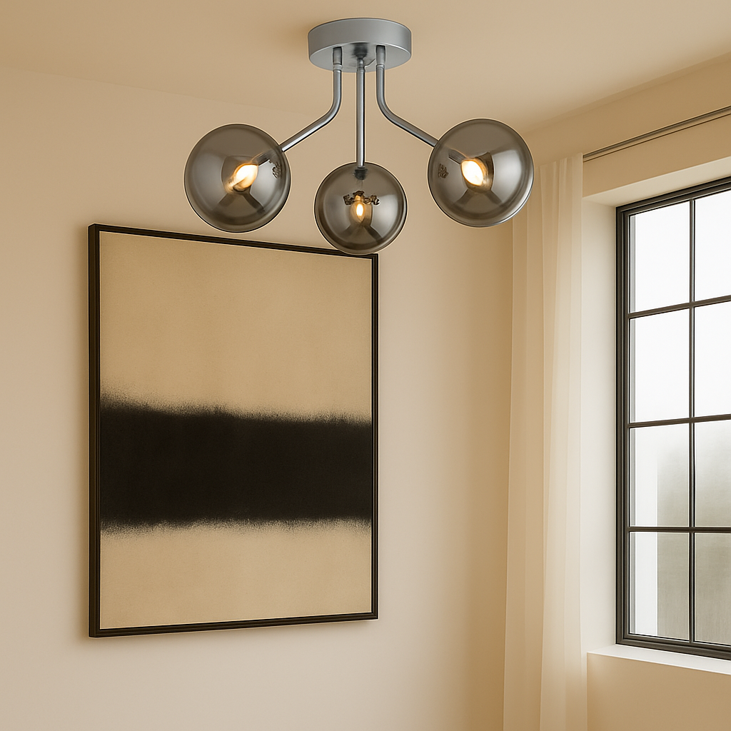 Melbourne silver 3 light flush ceiling light with smoked glass globes