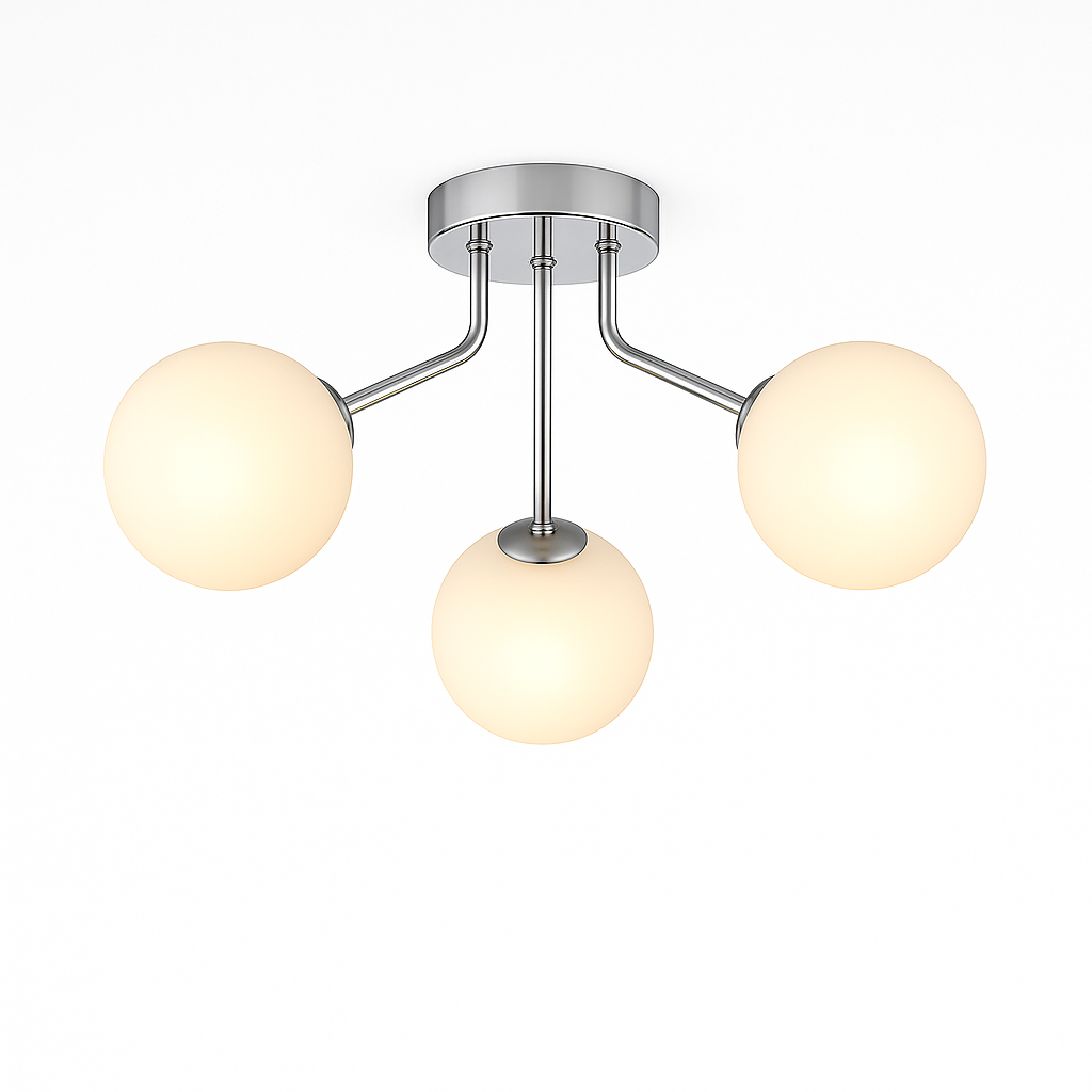 Melbourne silver 3 light flush ceiling light with white glass shades glowing warm 3000K