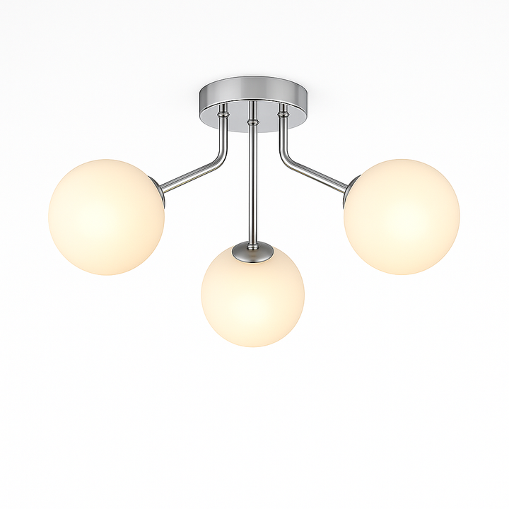 Melbourne silver 3 light flush ceiling light with white glass shades glowing warm 3000K