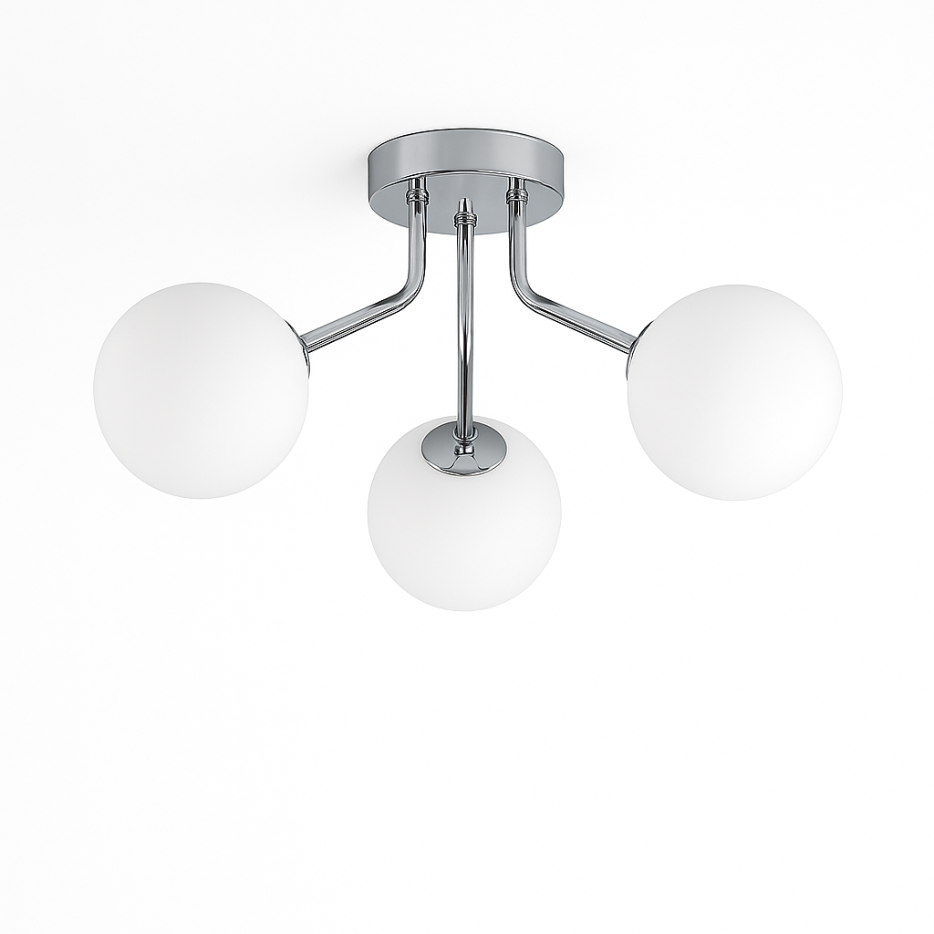 Melbourne silver 3 light flush ceiling light with white glass globes on white background