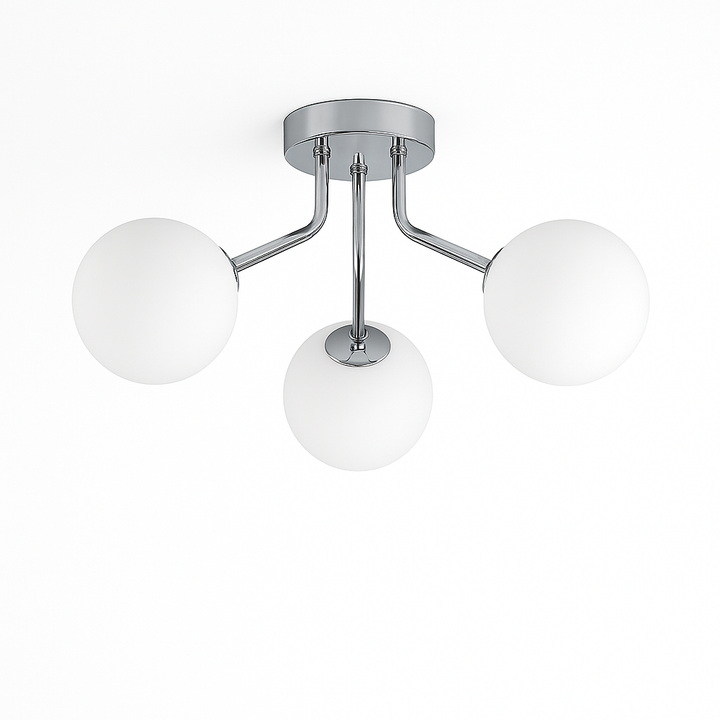 Melbourne silver 3 light flush ceiling light with white glass globes on white background