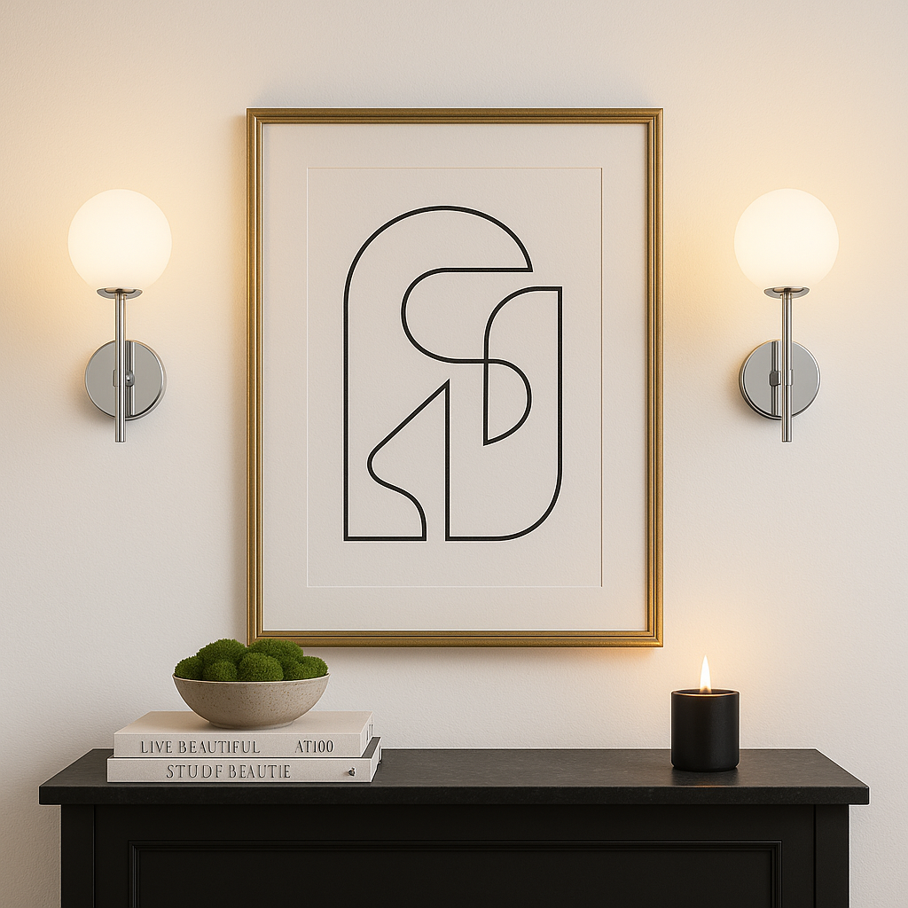 Silver wall lights with white glass above black console with moss bowl and candle