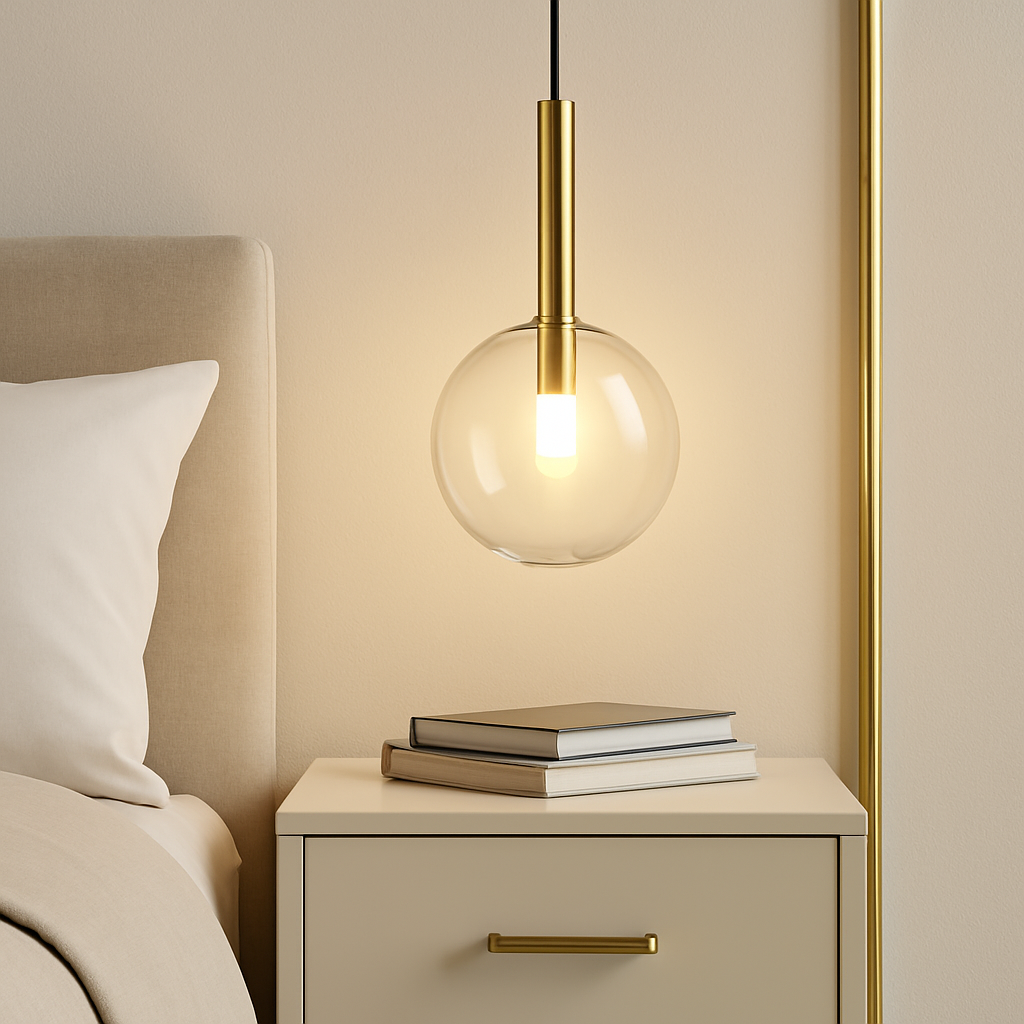 Modern bedroom with gold accents featuring a 20cm clear glass globe pendant light hanging over a cream bedside table with stacked books.