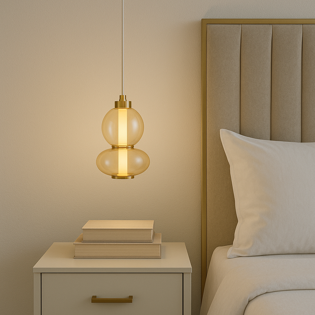 Modern bedroom with gold accents featuring a 20cm amber glass pendant light hanging over a cream bedside table with stacked realistic books.