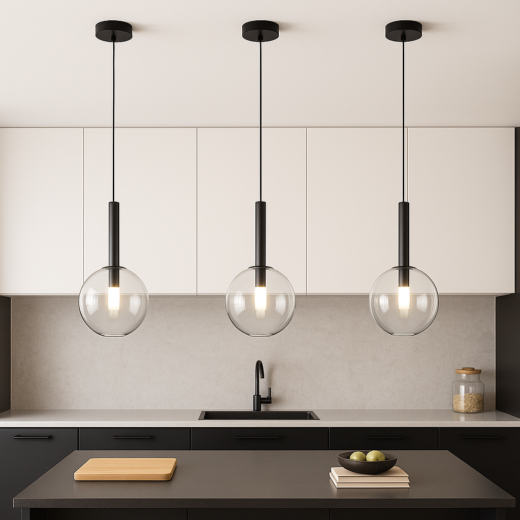 Modern kitchen with black accents featuring three 20cm glass globe pendant lights hanging over a small island, with white top cupboards and a light worktop