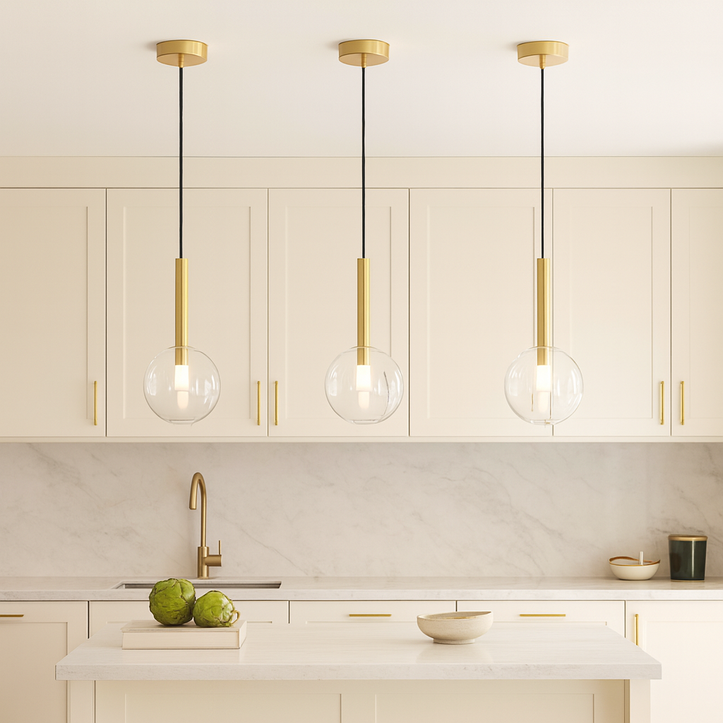 Modern white kitchen with gold accents featuring three 20cm glass globe pendant lights hanging proportionally over a small island.