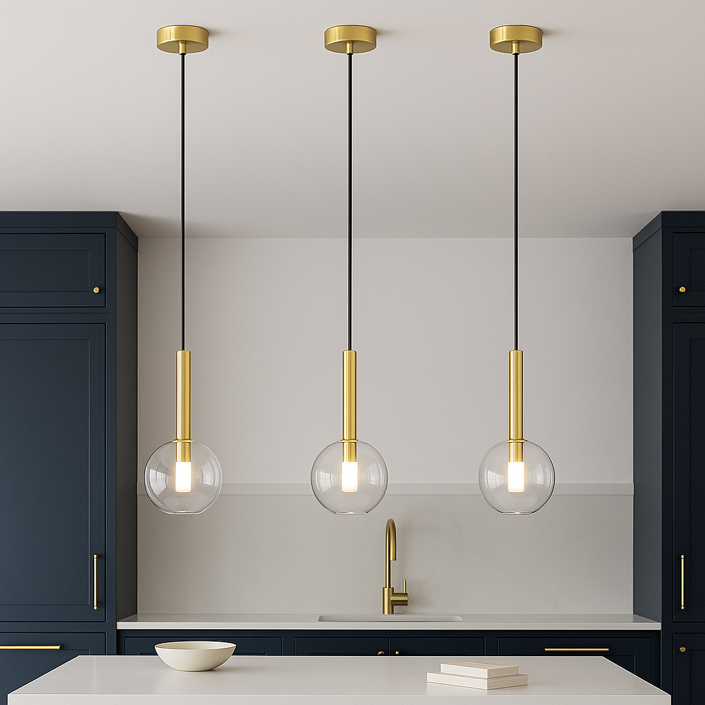 Modern navy kitchen with gold accents featuring three 20cm glass globe pendant lights hanging in proportion over a small island,
