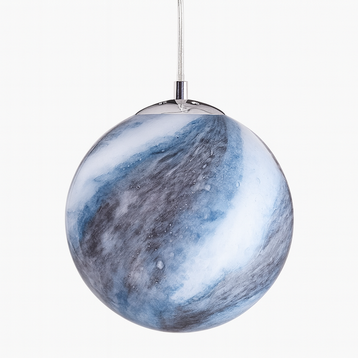 Neptune small pendant light in blue and white swirled glass with polished chrome cap