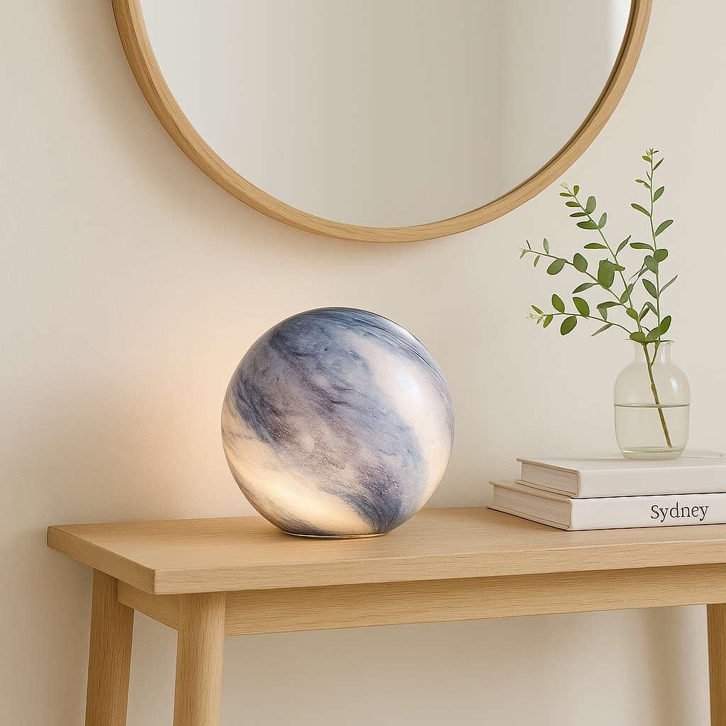 Round marble effect glass table lamp in blue and grey styled on a Scandi minimal console table with mirror and greener