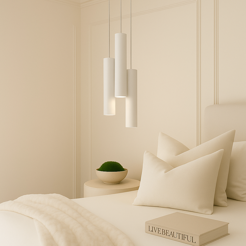 Pictou 3 light pendant in white bedroom