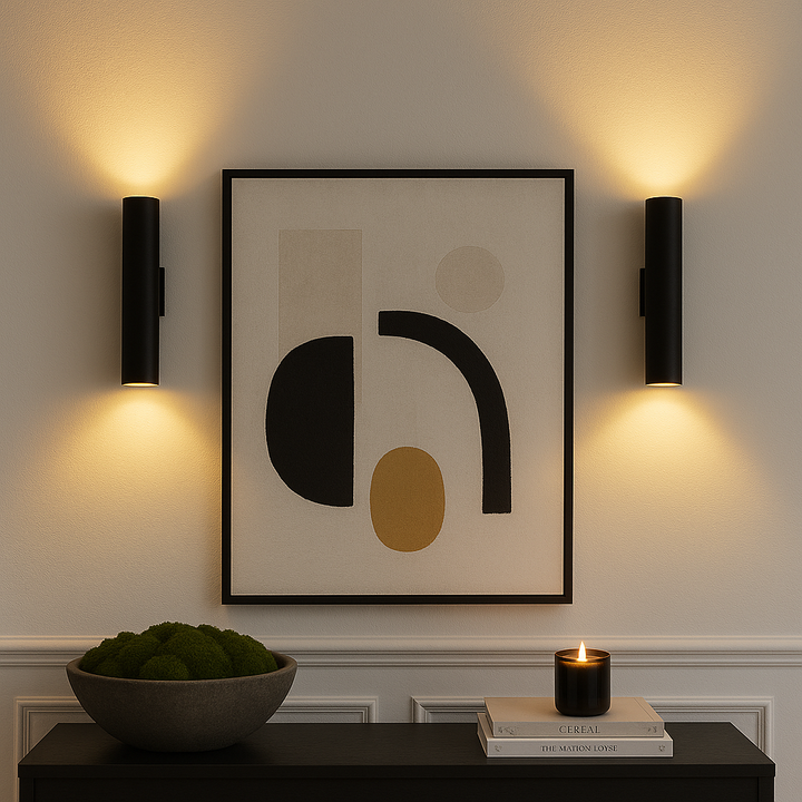 Pictou black wall lights with abstract artwork above black console table