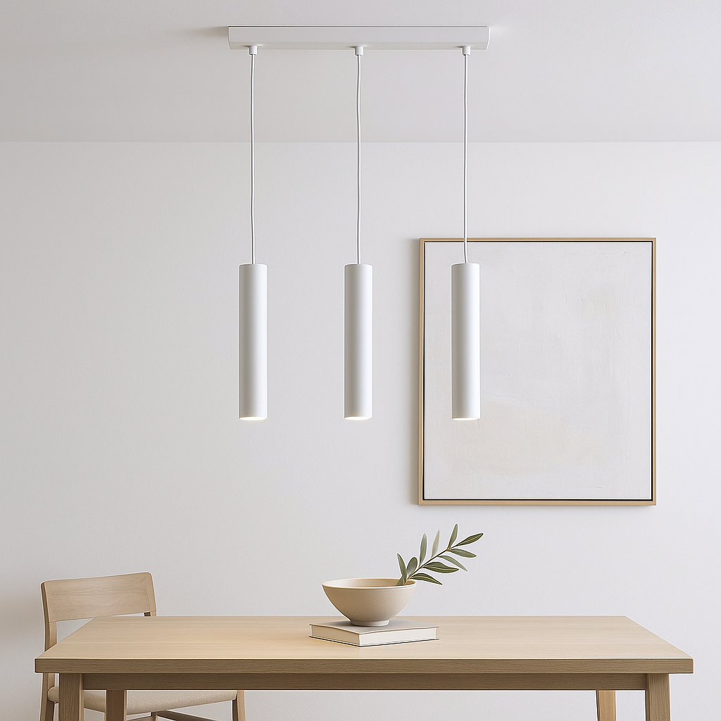 Pictou white 3 light cylinder pendant, 45cm wide, styled above a light wood dining table in a Scandi minimal setting with neutral artwork and ceramic bowl.