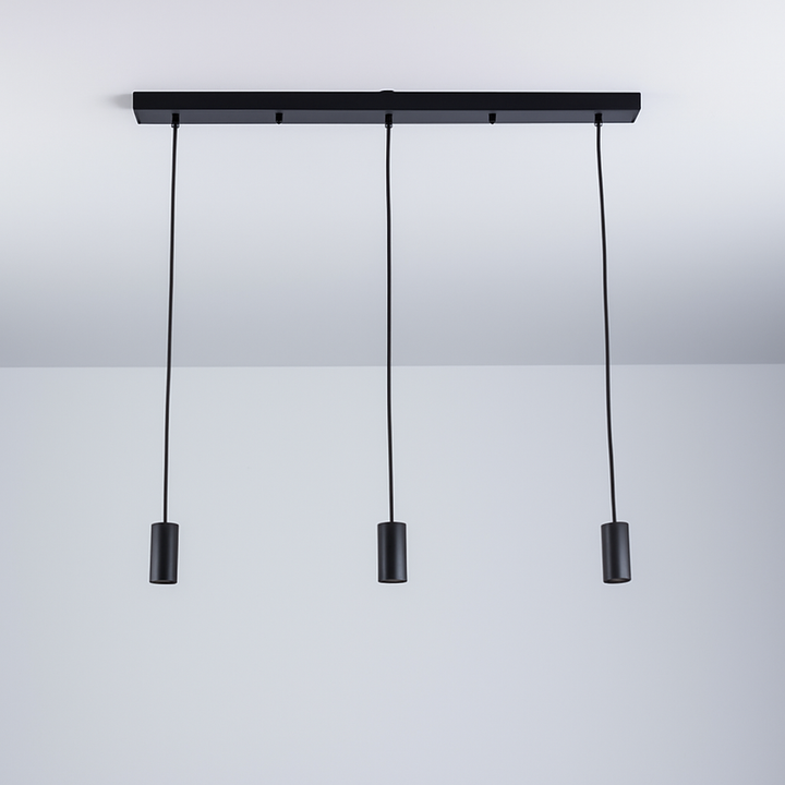 Roma 3 light black pendant bar with slim cylindrical caps and adjustable cables, shown without bulbs.