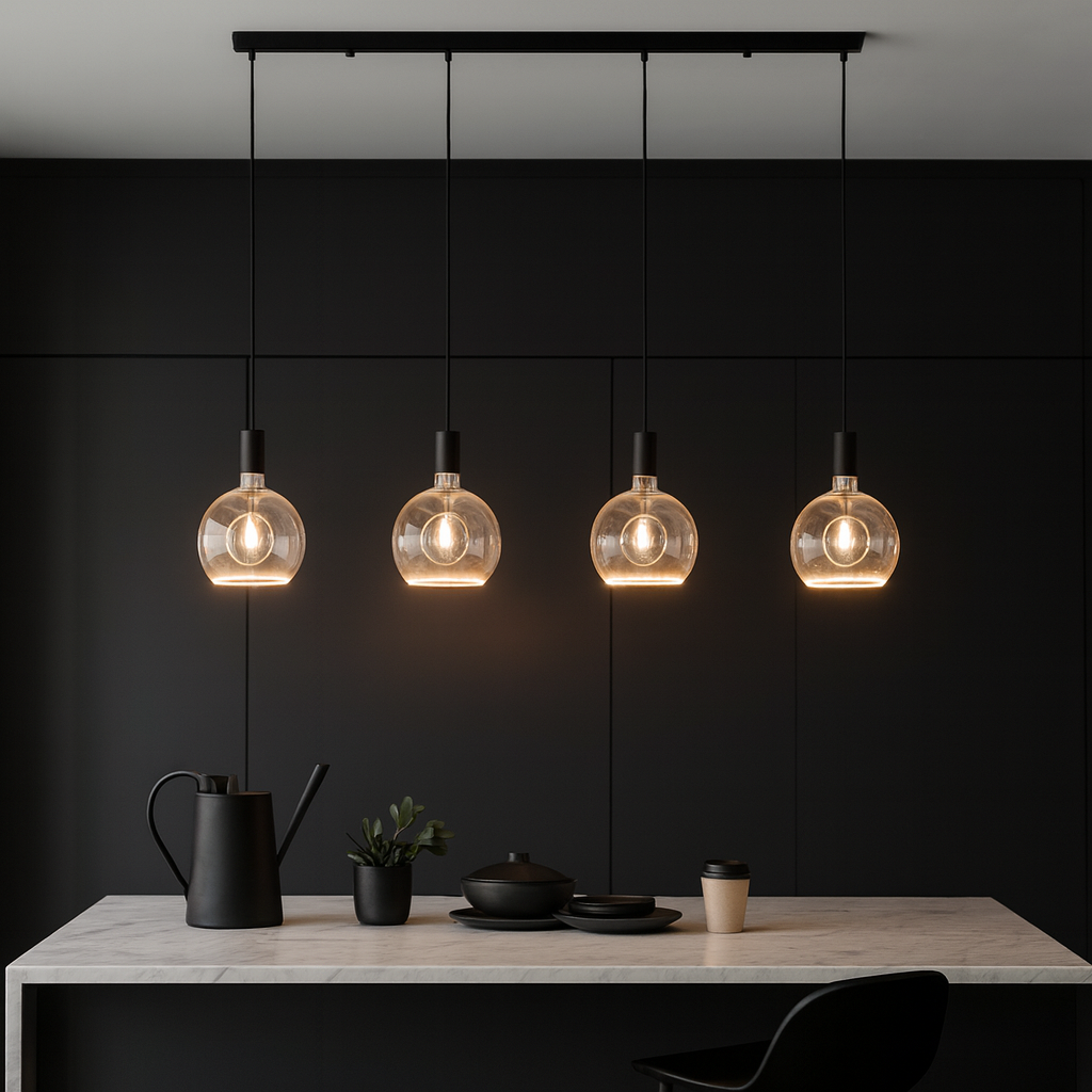 Luxury Roma 4 light bar pendant in black with glass globes above a modern Nordic kitchen island with black styling pieces.