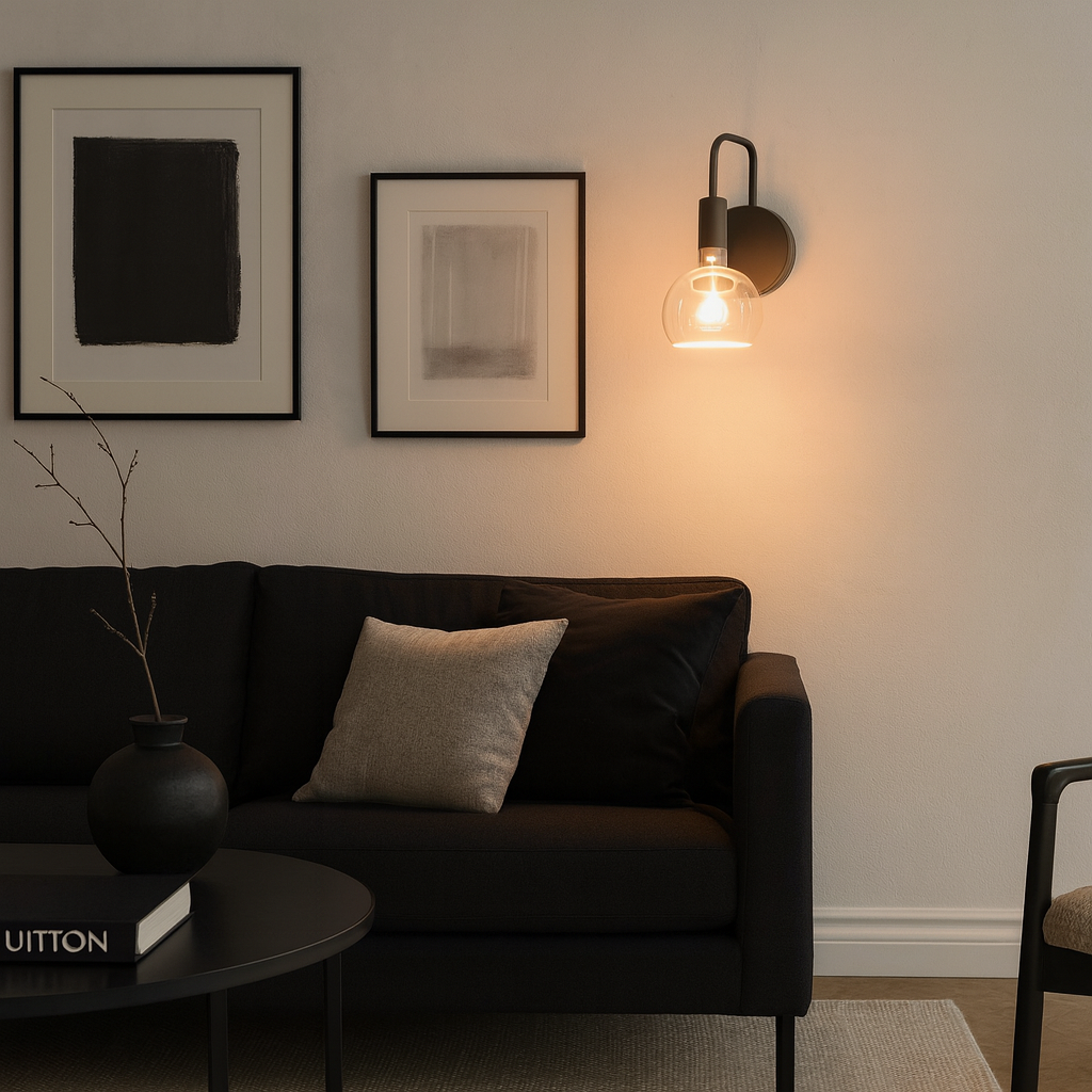 Luxury living room with Roma black wall light featuring 15cm glass shade, styled with black highlights and modern décor