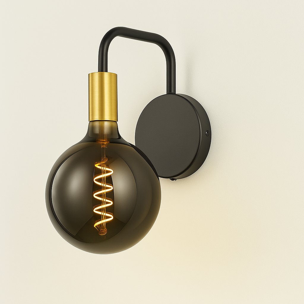 Roma black and gold wall light with smoked glass bulb 2200K warm white