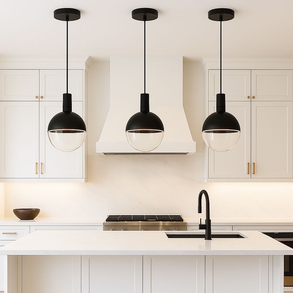 Roma Luxe pendant matt black over white kitchen island